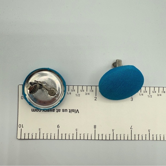 Teal Blue Fabric Button Clip On Earrings - Picture 3 of 6